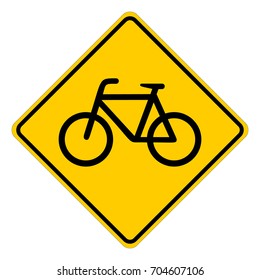 Warning bicycle, yellow square warning sign with bicycle symbol, vector illustration.