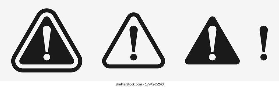 Warning black icon set vector. Exclamation mark on triangular signs. Concept danger, risk, alert, attention information symbols. Isolated flat design, illustration on white background.