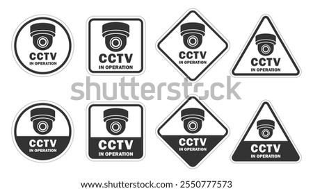 Warning black and white sign set. Security cameras in use symbol icon. Fixed CCTV camera logo sign collection. Vector illustration image. Isolated on white background.	
