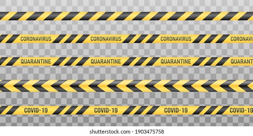 Warning black and yellow warning tapes. Stop coronavirus, covid-19, border closed, do not cross. Isolated on transparent background.Vector illustration.