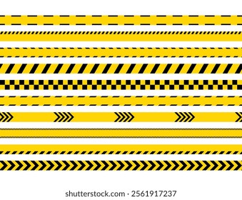 Warning boundary lines under construction. Caution yellow black tape. Seamless striped barrier tapes for danger places. Danger ribbons. Set of bands for work zones. Vector illustration.