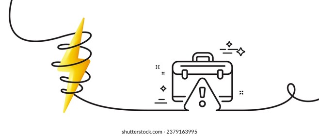 Warning briefcase line icon. Continuous one line with curl. Attention triangle sign. Caution diplomat symbol. Warning briefcase single outline ribbon. Loop curve with energy. Vector