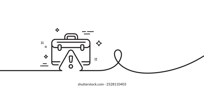 Warning briefcase line icon. Continuous one line with curl. Attention triangle sign. Caution diplomat symbol. Warning briefcase single outline ribbon. Loop curve pattern. Vector