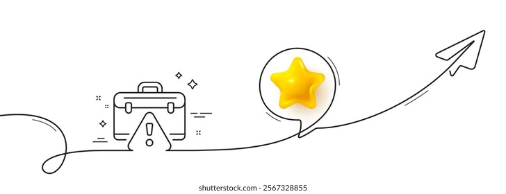 Warning briefcase line icon. Continuous line with share plane. Attention triangle sign. Caution diplomat symbol. 3d star in speech bubble. Warning briefcase single line ribbon. Vector