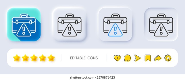 Warning briefcase line icon. Neumorphic, Flat shadow, 3d buttons. Attention triangle sign. Caution diplomat symbol. Line warning briefcase icon. Social media icons. Vector