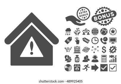 Warning Building icon with bonus design elements. Vector illustration style is flat iconic symbols, gray color, white background.