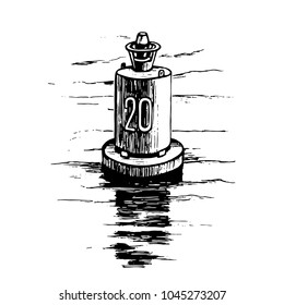  Warning buoy at the river banks. Vector sketch by hand drawn isolated on white background.