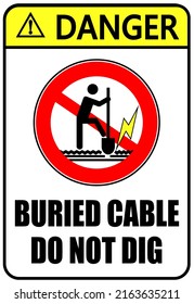 Warning, buried cable, do not dig. Prohibition sign with a silhouette of  person digging with a shovel inside a ban circle.