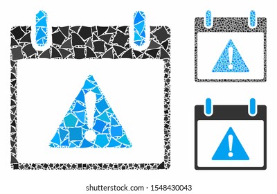 Warning calendar day composition of joggly parts in various sizes and color hues, based on warning calendar day icon. Vector tuberous parts are grouped into collage.