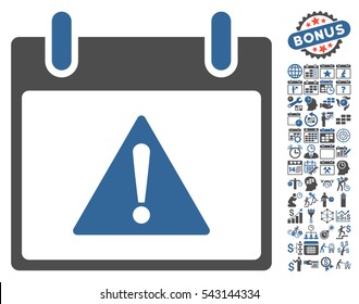 Warning Calendar Day icon with bonus calendar and time management design elements. Vector illustration style is flat iconic symbols, cobalt and gray, white background.