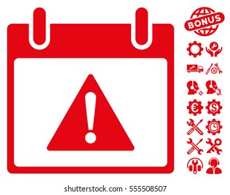 Warning Calendar Day icon with bonus setup tools pictograms. Vector illustration style is flat iconic symbols, red, white background.