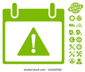 Warning Calendar Day pictograph with bonus setup tools pictures. Vector illustration style is flat iconic symbols, eco green, white background.