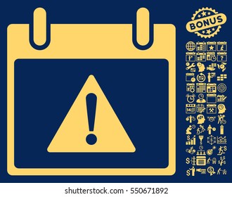Warning Calendar Day pictograph with bonus calendar and time management images. Vector illustration style is flat iconic symbols, yellow, blue background.