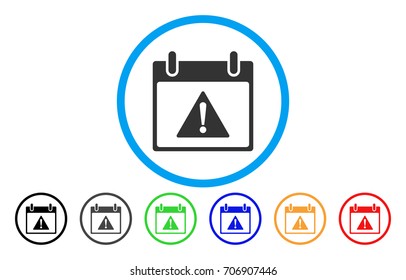 Warning Calendar Day vector rounded icon. Image style is a flat gray icon symbol inside a blue circle. Bonus color versions are grey, black, blue, green, red, orange.