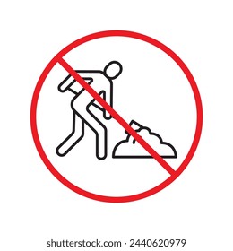 Warning, caution, attention, restriction, danger flat sign design. Man with shovel icon. Do not use shovel worker. Engineer symbol pictogram. Man snow cleaning icon. Gardener. Do not clean shovel