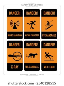 Advertencia, precaución y área peligrosa alertan de atención señales y placas de Vector aisladas. Señales amarillas de peligro para la seguridad, peligro de choque, manténgase alejado y advertencia de precaución y símbolos de zona de riesgo en las placas de señalización