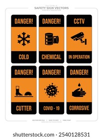 Advertencia, precaución y área peligrosa alertan de atención señales y placas de Vector aisladas. Señales amarillas de peligro para la seguridad, peligro de choque, manténgase alejado y advertencia de precaución y símbolos de zona de riesgo en las placas de señalización