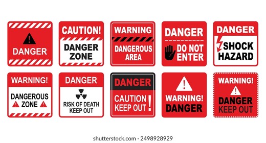 Warning, caution, dangerous, danger yellow signs for safety, hazard shock, keep out and caution warning and risk zone symbols area alert attention isolated vector signs.