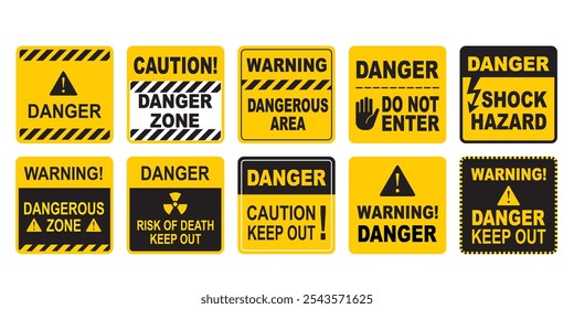 Warning, caution, dangerous, danger yellow signs for safety, hazard shock, keep out and caution warning and risk zone symbols area alert attention isolated vector signs.