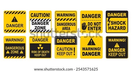 Warning, caution, dangerous, danger yellow signs for safety, hazard shock, keep out and caution warning and risk zone symbols area alert attention isolated vector signs.