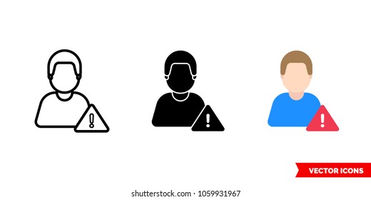 Warning caution icon of 3 types: color, black and white, outline. Isolated vector sign symbol.