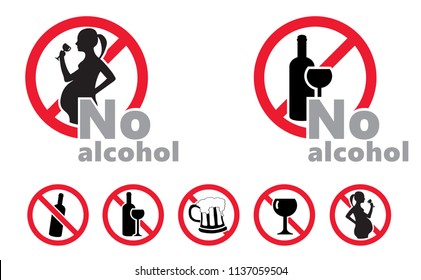 Warning caution no alcohol during pregnancy period. Stop drinking sign. Pregnant woman. Vector wine bottle and glass. No Ban allowed pictogram. Forbid alcohols drink Forbidden. dry january