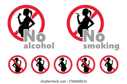 Warning caution no alcohol or smoke during pregnancy period Stop drinking signs Pregnant woman Vector wine bottle and glass No Ban allowed logo icons Forbid alcohols drink Forbidden smoking pictogram