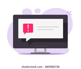 Warning caution notice notification secure push message important reminder vector on desktop computer pc flat, red note speech bubble with exclamation ransomware risk attack alarm error icon
