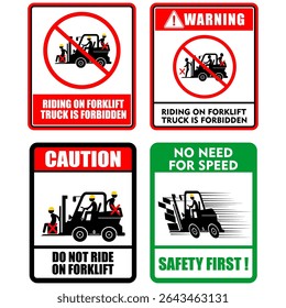 Warning, caution, riding on forklift truck is forbidden