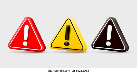 Warning caution sign, problem message mark, danger icon 3d. Vector illustration 