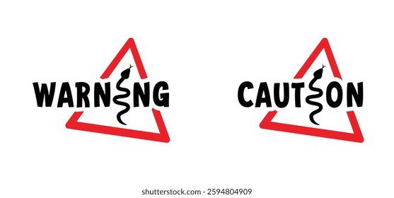 Warning, caution for snake with poisonous tongue. Tropical wildlife reptiles. Cartoon snakes. Poisoned serpents. Snake silhouette, python, anaconda. Animal icon. Wild life symbol. Reptile snake