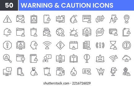 Juego de iconos de línea vector de advertencia y precaución. Contiene iconos lineales de contorno como Avisar, Alerta, Atención, Error, Riesgo, Importante, Problema, Exclamación, Información, Notificación. Uso editable y trazo.