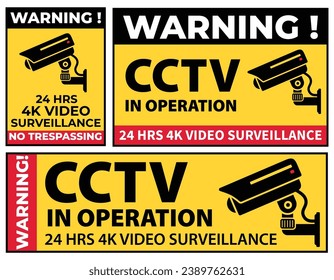 ¡Advertencia! CCTV IN OPPERATION, vigilancia de vídeo de 4k las 24 horas, pegatina, afiche, pancarta, vector, ilustración aislada, atención, estás bajo cámaras de seguridad,  