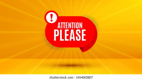 Warning chat bubble icon. Attention please badge. Special offer label. Abstract yellow background. Modern concept design. Banner with offer badge. Vector