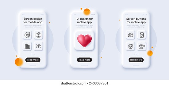 Warning, Checklist and Handbag size line icons pack. 3d phone mockups with heart. Glass smartphone screen. Wedding rings, Work home, Food delivery web icon. Vector