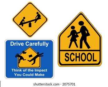 warning children signs school, drive carefully and playground