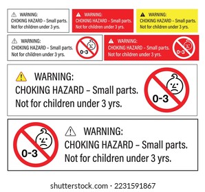 Aviso de asfixiar la pequeña parte del arcilla no para niños menores de 3 años. conjunto de fondo de signo de precaución con accesorio de pegatina de pegatina de pictograma en los niños juguete de pieza electrónica piñón vectorial.