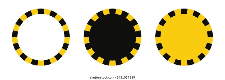 Warnkreisrahmen mit gelbem schwarzem Band. Barrikadenlinien. Runder Warnrahmen mit eingestelltem Textraum. Vorsichtsbandrand in Gelb und Schwarz. Vektorgrafik auf weißem Hintergrund.