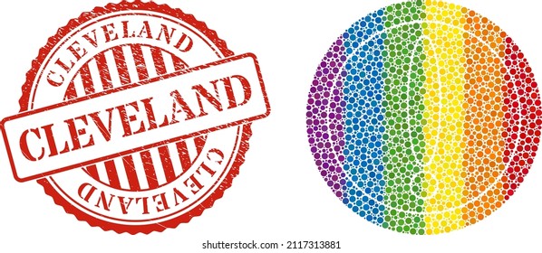 Warning Circle Mosaik Symbol von runden Artikeln in verschiedenen Größen und Regenbogenfarben. Rotes rundes Gummiwasserzeichen mit dem Satz von Cleveland. ein gepunkteter LGBT-farbiger Warnkreis für Lesben, Schwule,