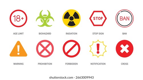 Ícone colorido de aviso definido. Limite de idade, risco biológico, radiação, sinal de parada, proibição, proibição, proibido, notificação, símbolo de cruz. Ilustração vetorial. Traçado editável. Design plano.