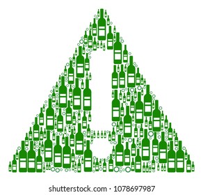 Warning composition of alcohol bottles and round bubbles in various sizes and green colors. Vector objects are formed into warning mosaic. Bottle vector illustration.