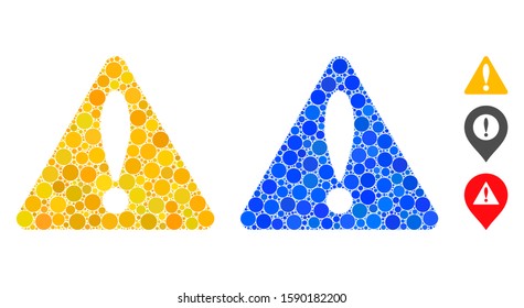 Warning composition of small circles in various sizes and shades, based on warning icon. Vector small circles are organized into blue composition. Dotted warning icon in usual and blue versions.