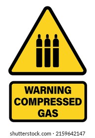 Warning compressed gas, yellow triangle shape sign with gas cylinders silhouette and text below.