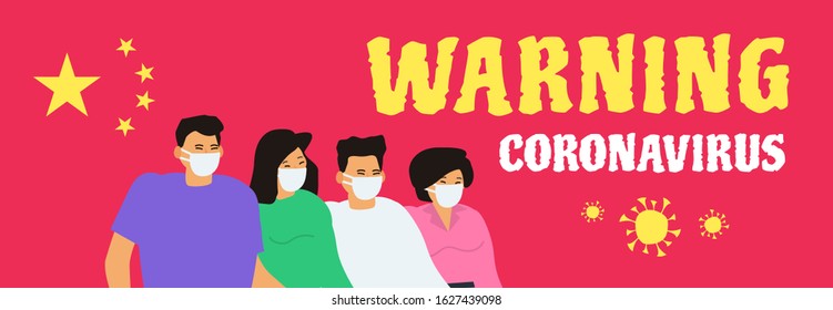 warning coronavirus 2019 asian people in protective masks on china flag background