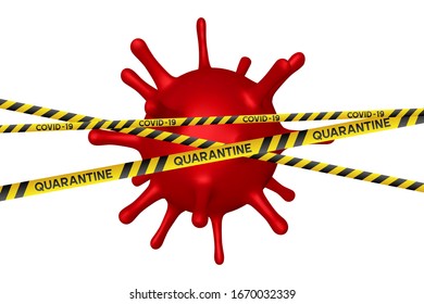 Warning coronavirus quarantine banner with yellow and black stripes and virus red cell. Quarantine biohazard sign. Vector.