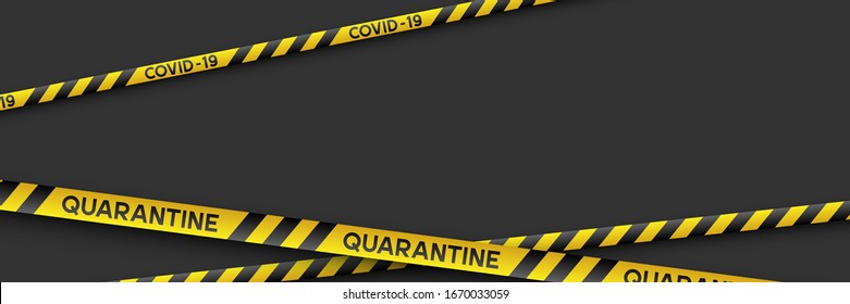 Warning coronavirus quarantine banner with yellow and black stripes. Black background with copy space. Quarantine biohazard sign. Vector.