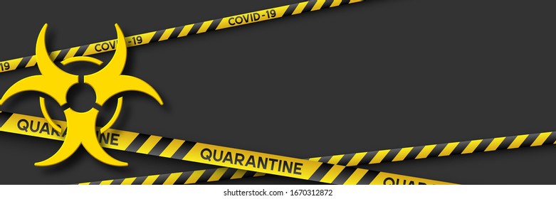 Warning coronavirus quarantine banner with yellow and black stripes and 3d infection symbol. Virus Covid-19. Black background with copy space. Quarantine biohazard sign. Vector.