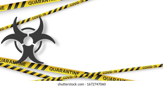 Warning coronavirus quarantine banner with yellow and black stripes and 3d infection symbol. Virus Covid-19. White background with copy space. Quarantine biohazard sign. Vector.