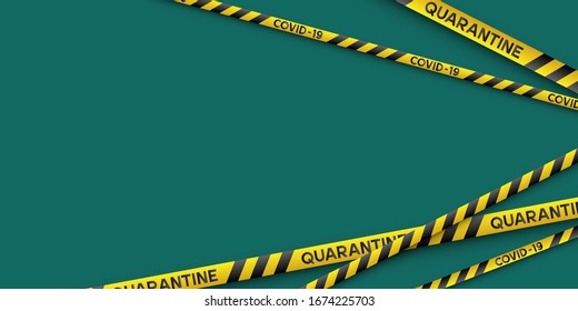 Warning coronavirus quarantine banner with yellow and black stripes. Virus Covid-19. Blue background with copy space. Quarantine biohazard sign. Vector.