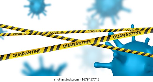 Warning coronavirus quarantine banner with yellow and black stripes and virus blue cell. Quarantine biohazard sign. Vector.